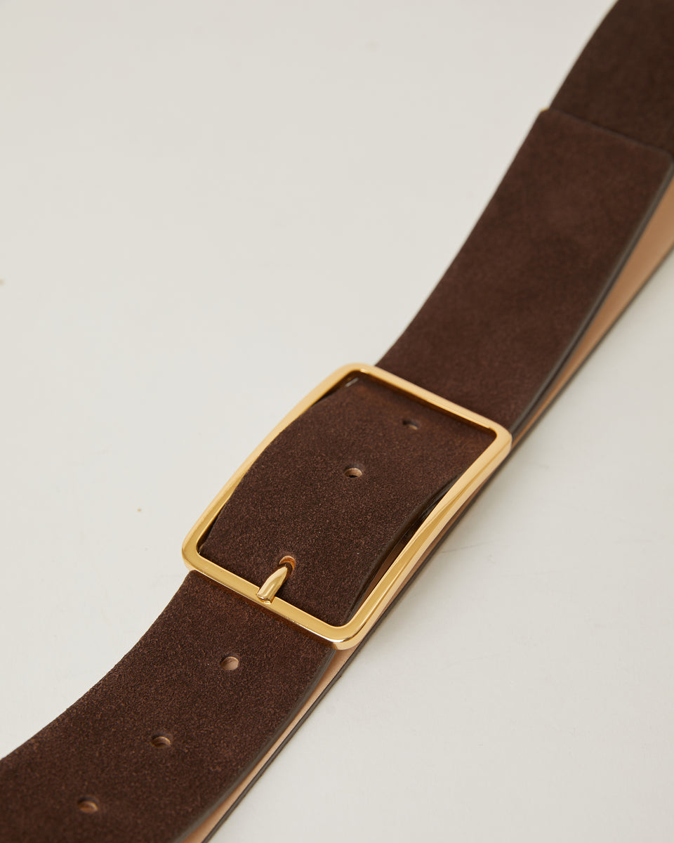 Chocolate Brown Smooth Leather Belt, Signature Buckle (Gold)