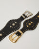 wide black western style belt with gold hardware. Detailed with gold conchos and studding all around the strap. Silver and gold versions pictured up close.
