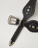 wide black western style belt with silver hardware. Detailed with silver conchos and studding all around the strap.