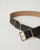 simple black waist belt with gold double buckles and keepers.