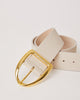 Wide off white waist belt with oversized gold buckle