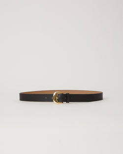 classic skinny black leather belt with a simple gold buckle and leather keeper.