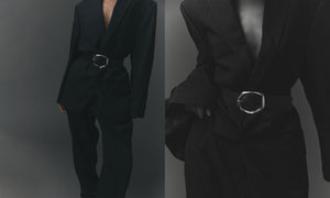 Woman wearing the Edmond Leather Belt in Black