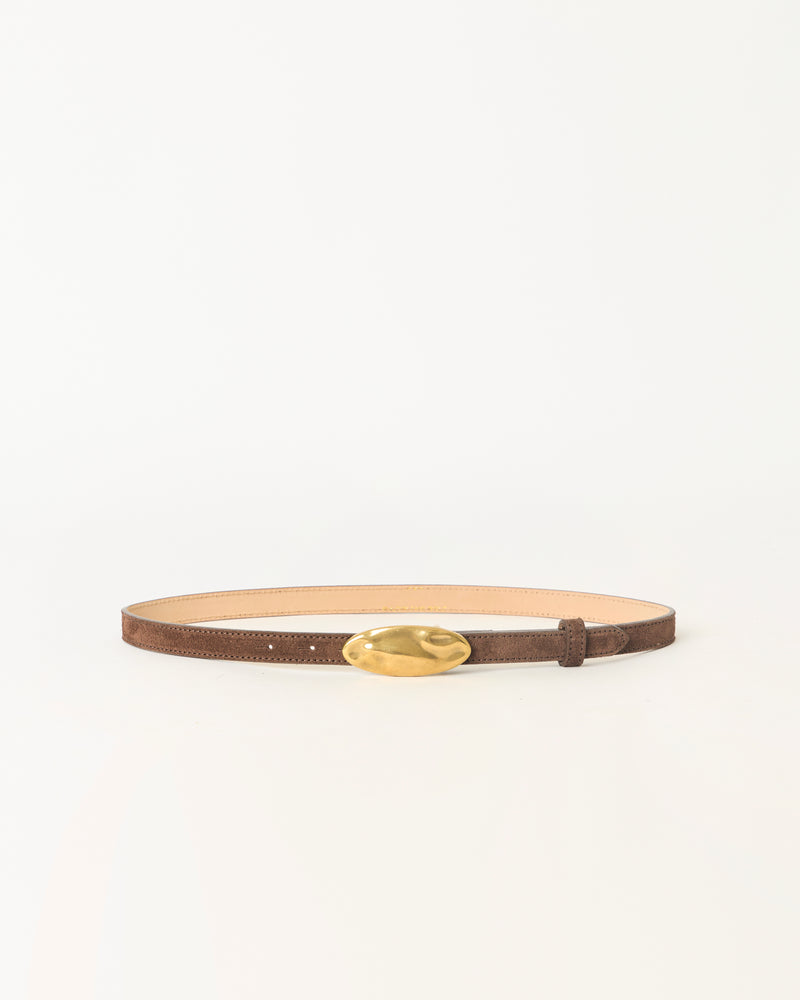Brown leather belt with a gold buckle on a white background