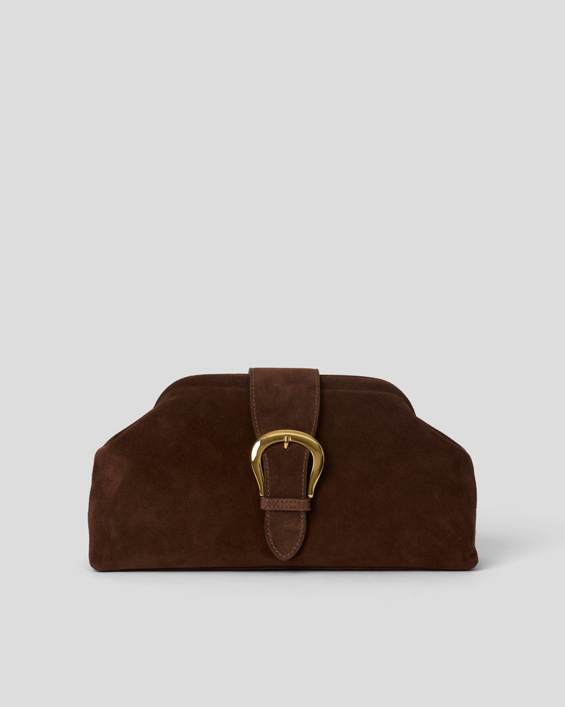 ESTELLE BUCKLE SUEDE CLUTCH Chocolate Gold - HANDBAGS
