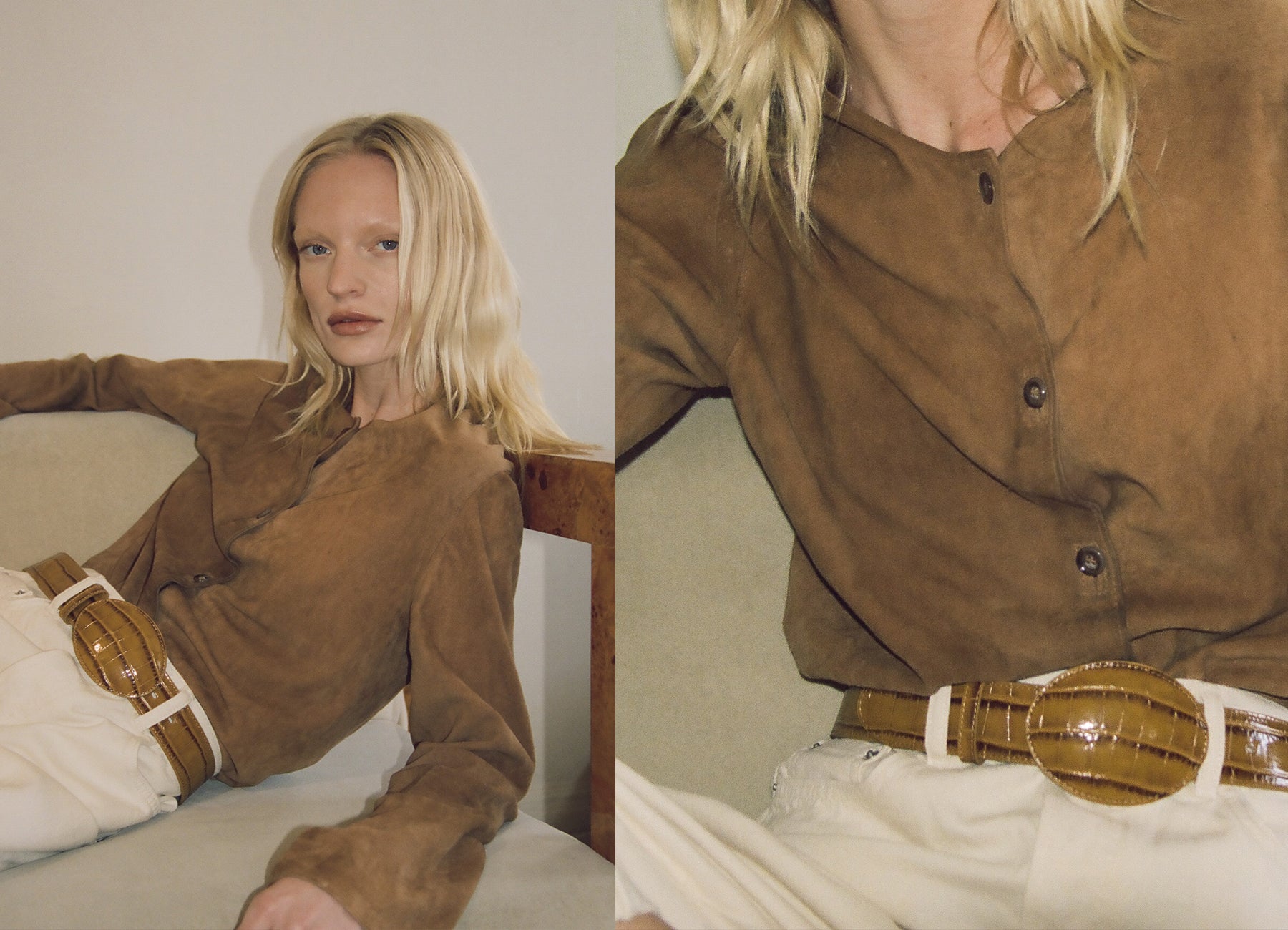 Woman wearing a brown shirt and white pants with a brown croc belt, sitting on a couch.