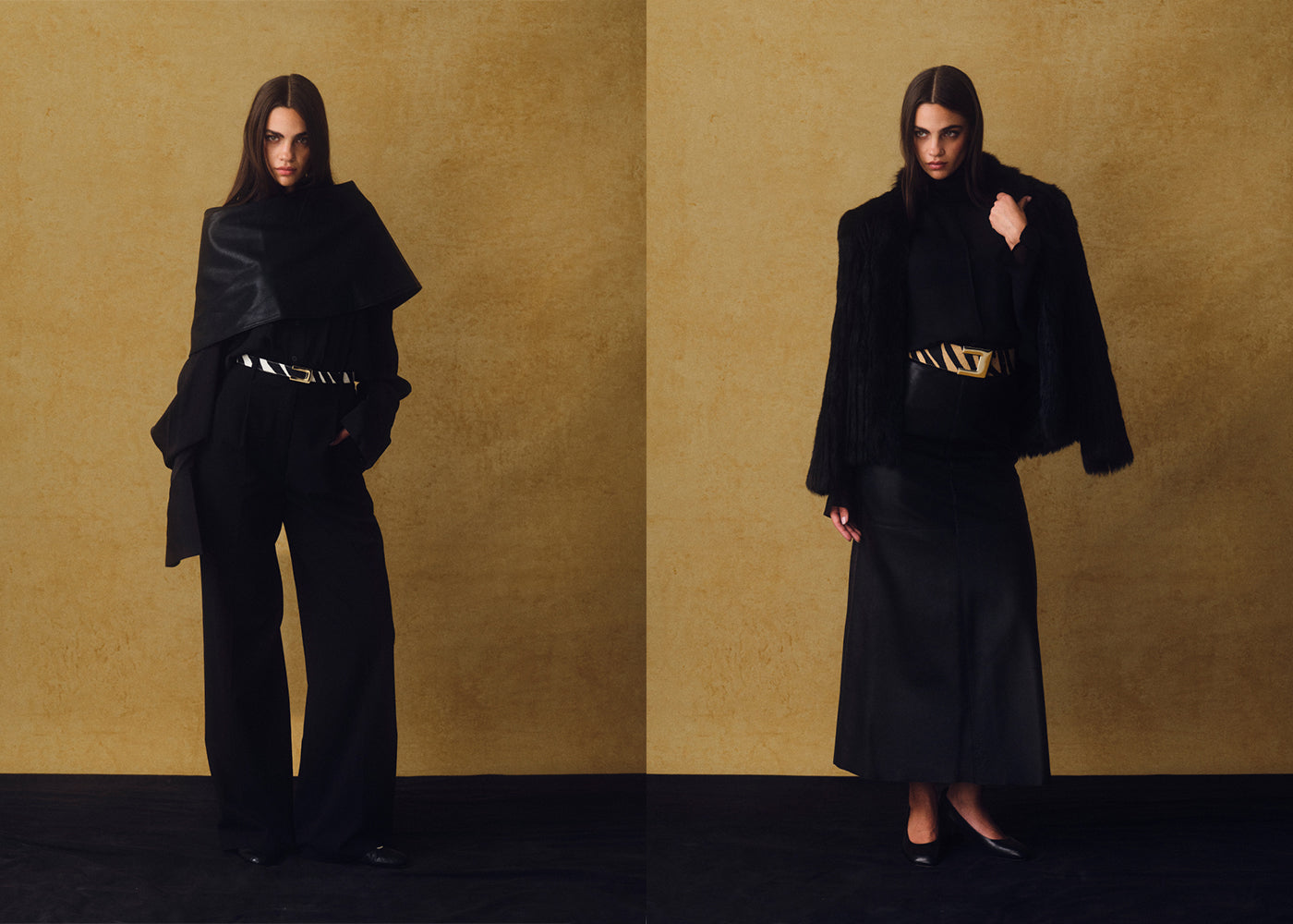 A split-screen editorial fashion photo of a model wearing a black outfit with a wide black belt featuring a large gold-tone logo, posed against a textured gold backdrop. Both belts in zebra print.