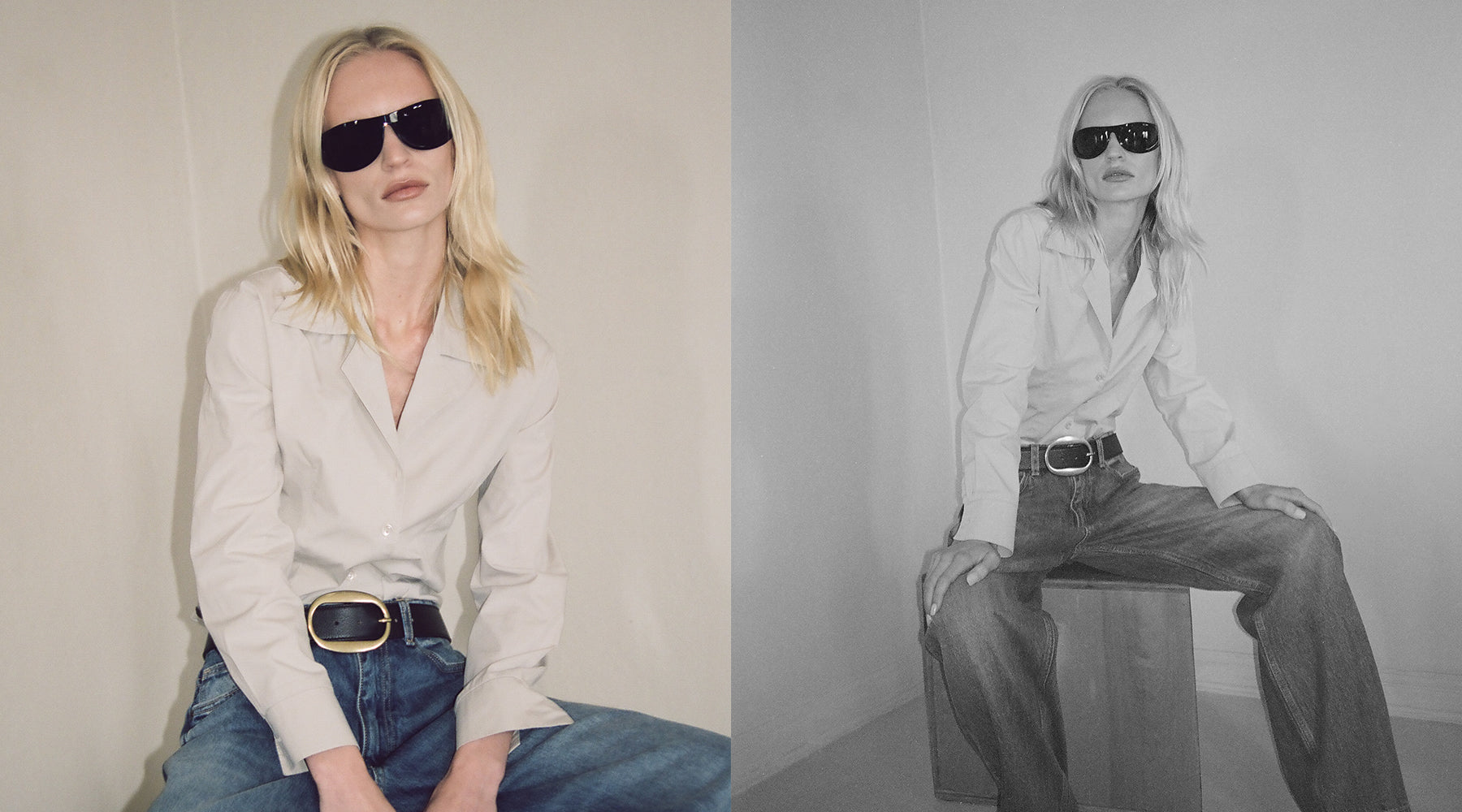 Person wearing a white shirt and blue jeans sitting on a stool against a plain background. Wearing a black leather belt with a brass oval buckle.