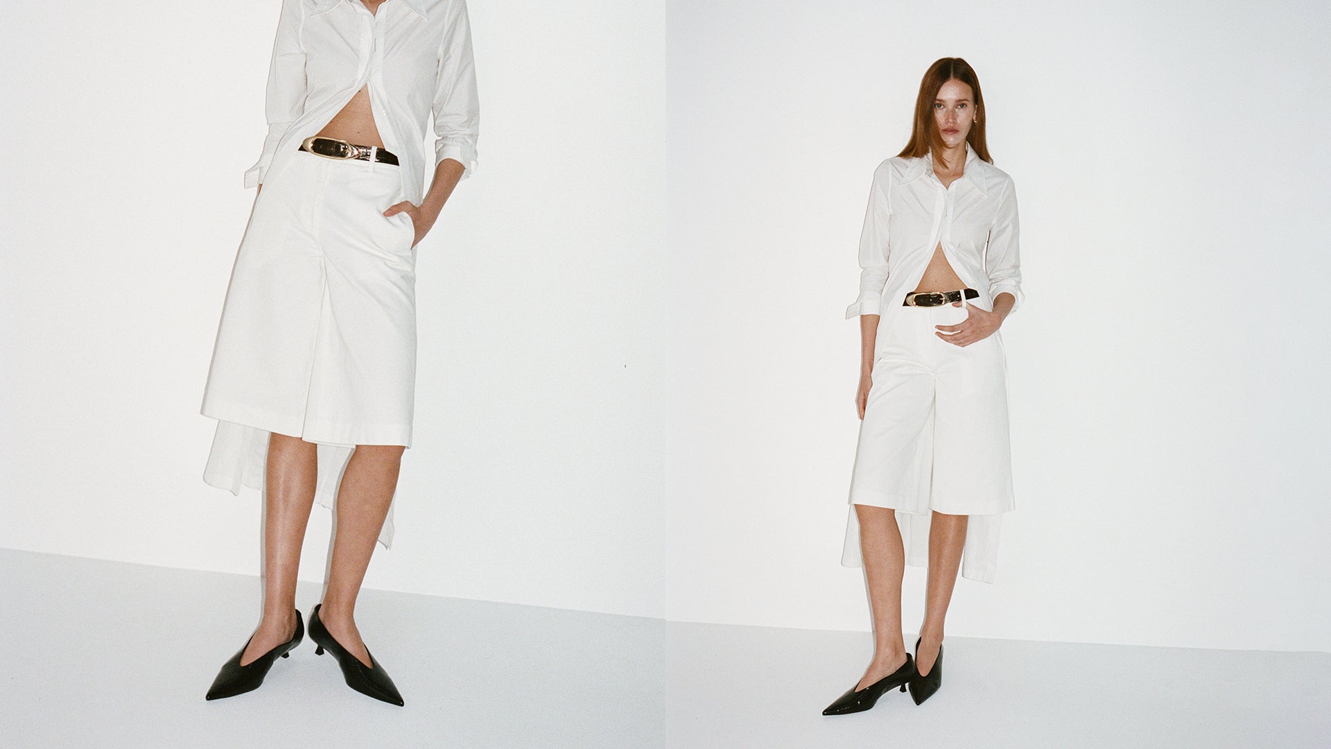 Two women wearing white outfits with black belts on a white background