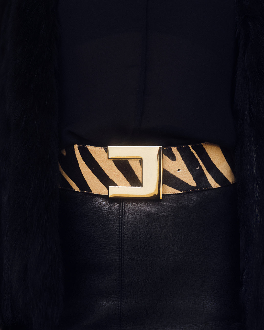 A close-up of a fashion belt with a bold black and beige zebra pattern and a large gold buckle, worn over a black leather garment.