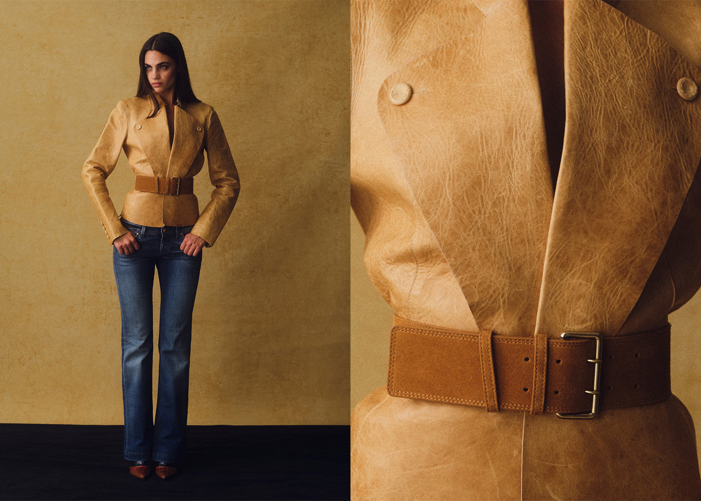 A model wears a tan leather jacket with a wide brown belt, paired with blue jeans, standing against a textured tan backdrop. The image is split into two panels, with a full-body view on the left and a close-up of the jacket's waist and belt on the right.