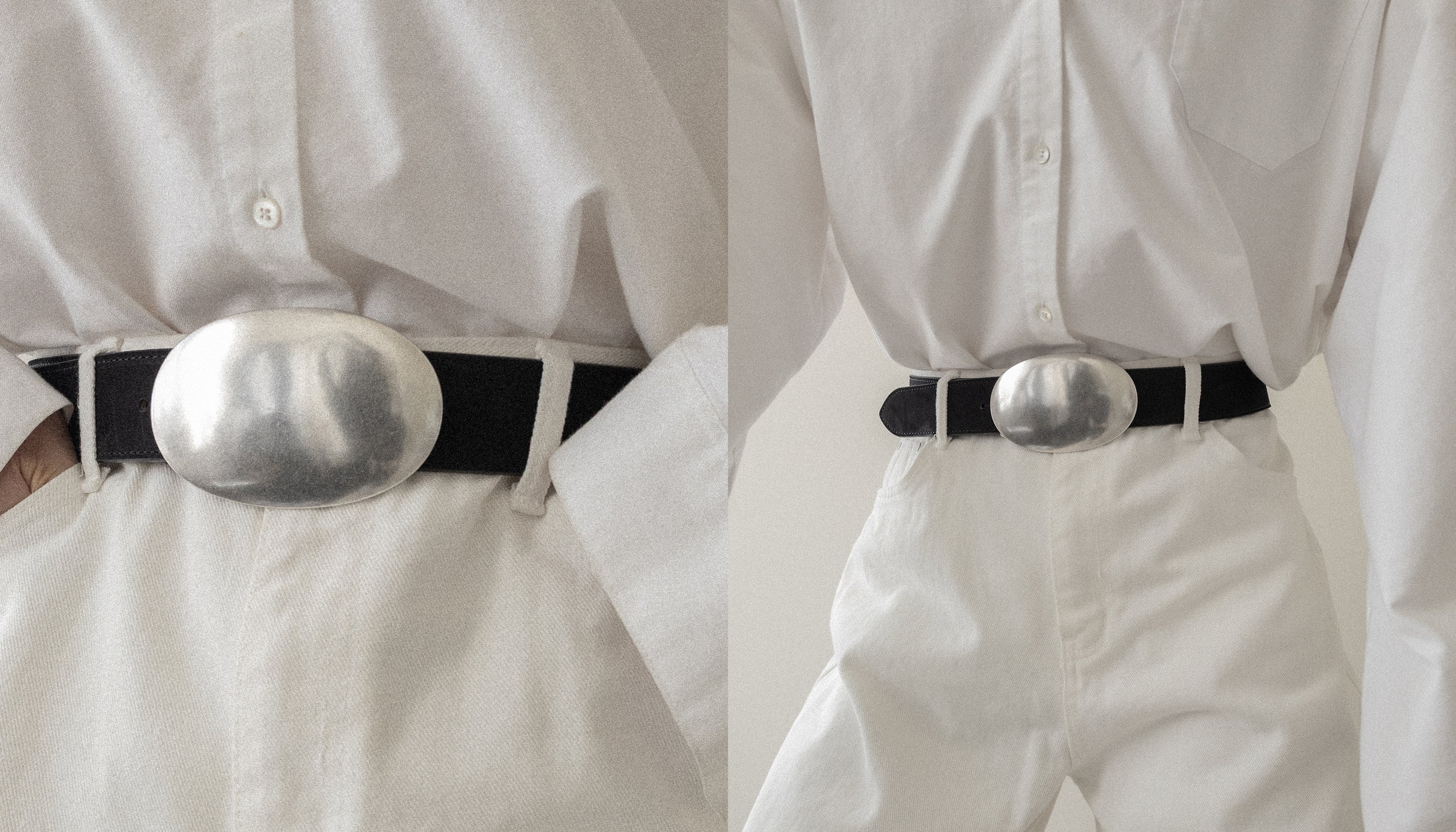 Two people wearing white shirts with black belts featuring large silver buckles.