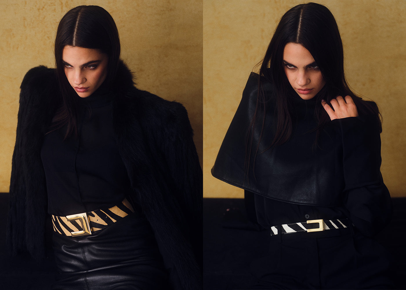 2 images of two zebra belts on a model against a textured yellow backdrop