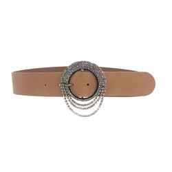 Lilia Almond leather waist belt with Silver Crystal round draping buckle