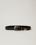 Jordana Mini Black leather hip belt Silver hardware buckle keeper and tip accents menswear style