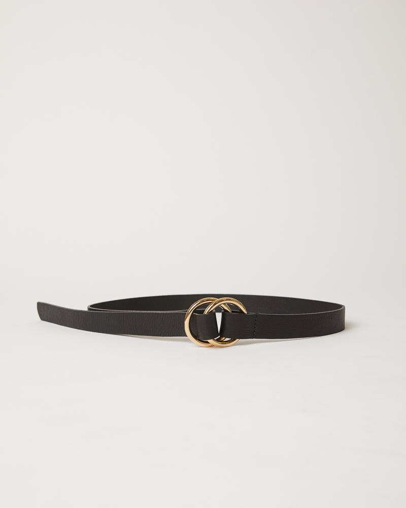 skinny black belt with double gold ring buckle and leather strap.