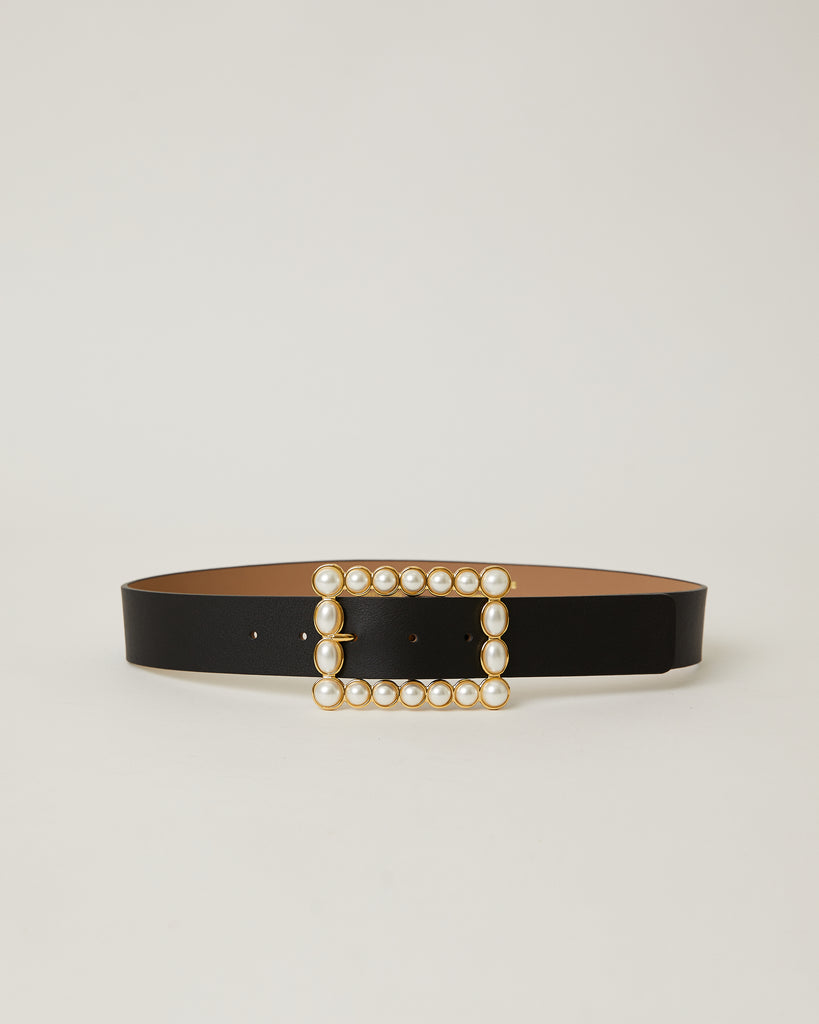 Joan Black leather waist belt with White Pearl buckle