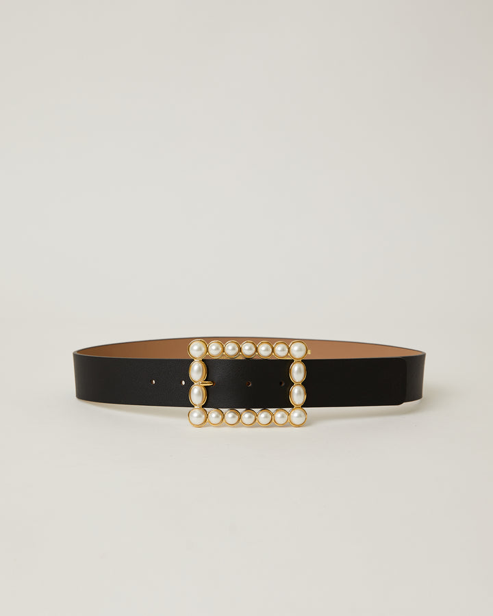 Joan Black leather waist belt with White Pearl buckle