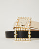 Joan Black and Off White leather waist belts with White Pearl buckles