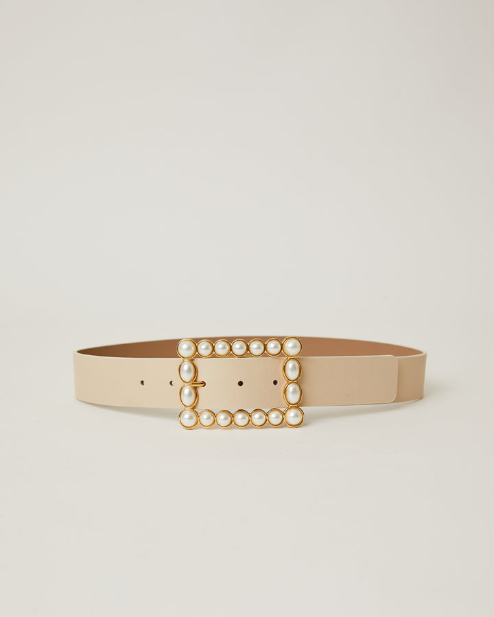 Joan Off White leather waist belt with White Pearl buckle