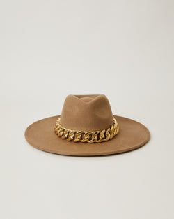 Marcel Tan wide brim wool hat with thick Gold chain band