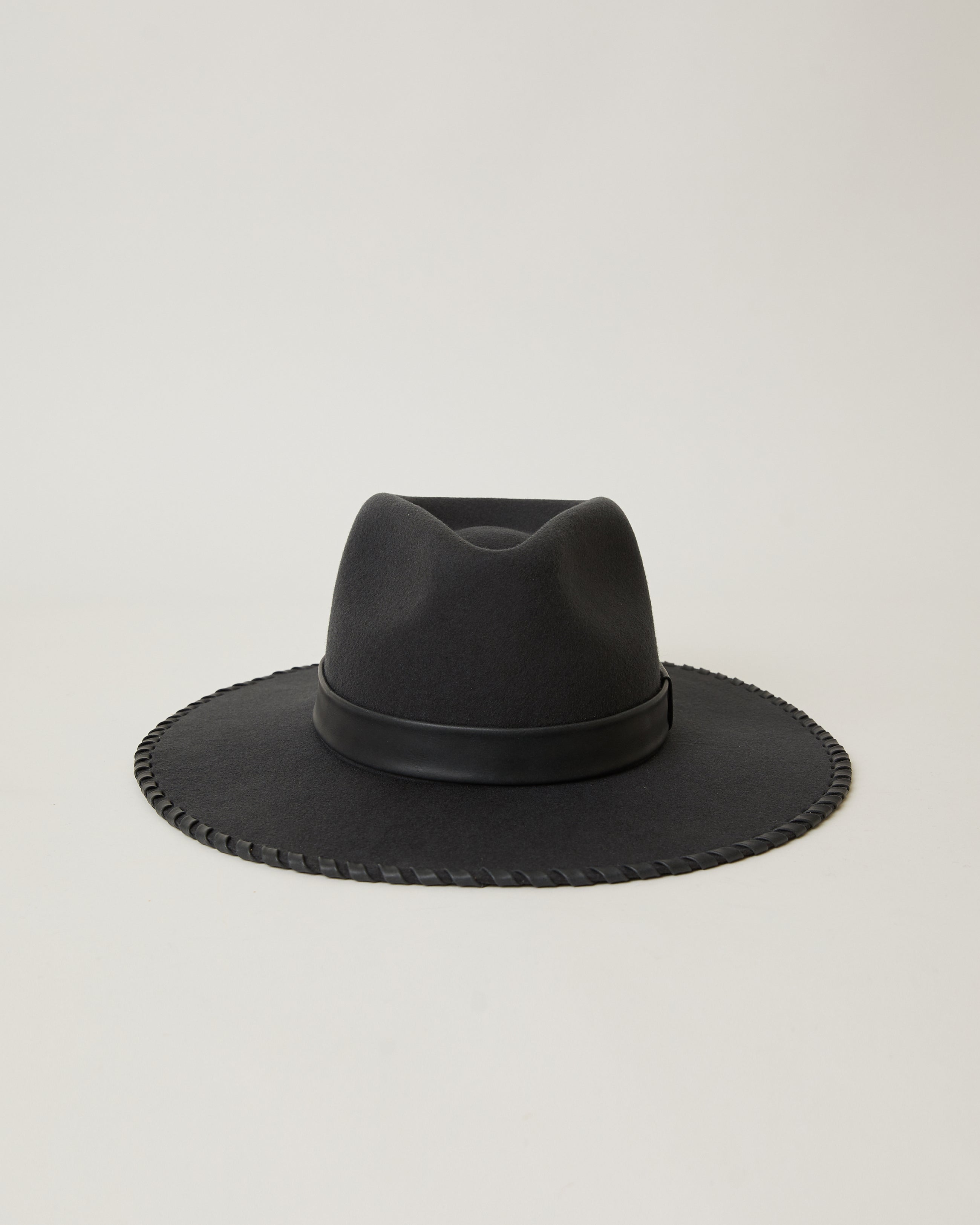 Luna Black Wool leather strap wide brim hat