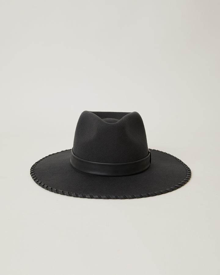 Luna Black Wool leather strap wide brim hat