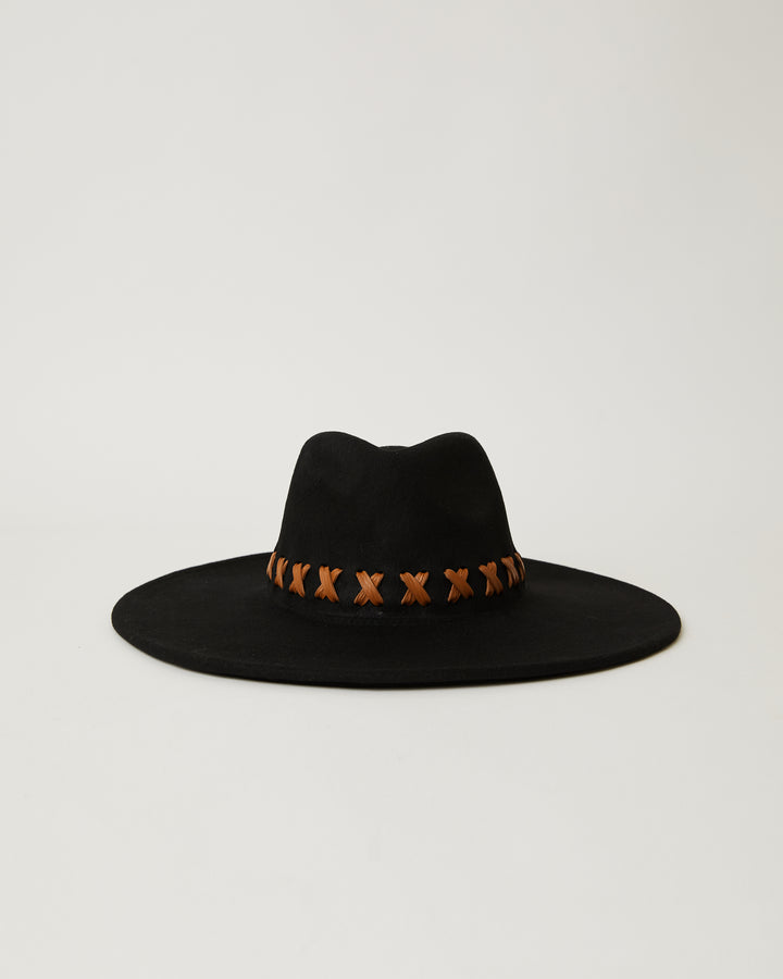 Hendrix Black wool Tan leather stitching wide brim hat
