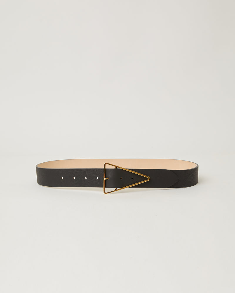 Vivie  Black Leather Gold triangle buckle hip belt