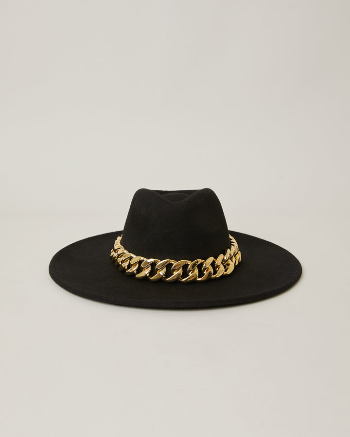 Marcel Black wide brim wool hat with thick Gold chain band