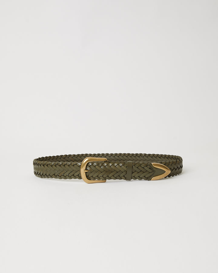 olive green braided belt with a simple brass buckle and end tip accent.