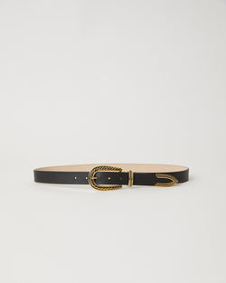 Skinny black leather belt with twisted vintage-looking buckle, keeper, and ed tip accent.