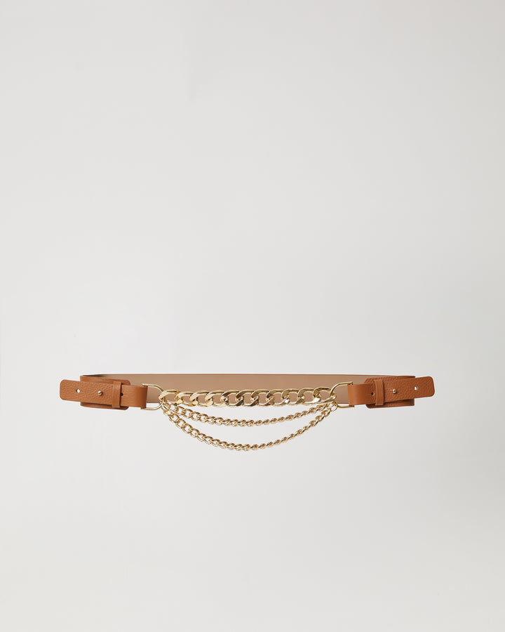 camel colored hip belt with three hanging chains in front.