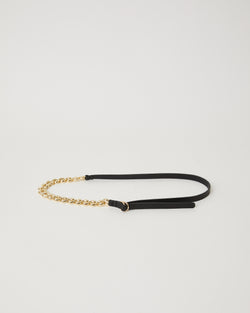 Skinny leather belt with gold chain section and small double ring closure.