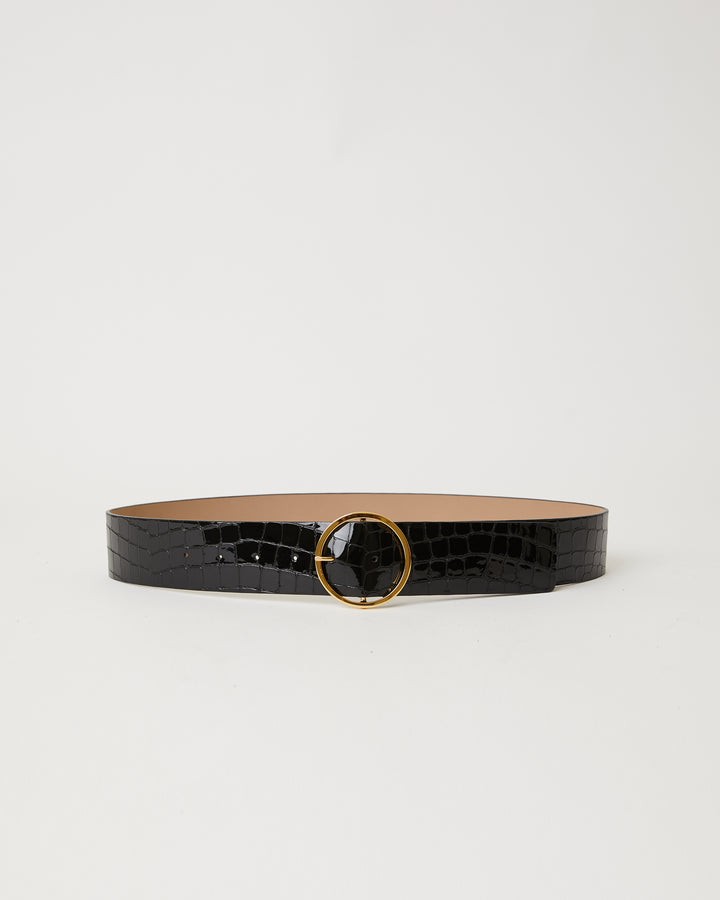 Black patent croc embossed leather belt with simple round gold buckle.