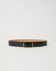 Black shiny leather belt with croc-embossed finish. Fastens with simple gold triangle shaped buckle.