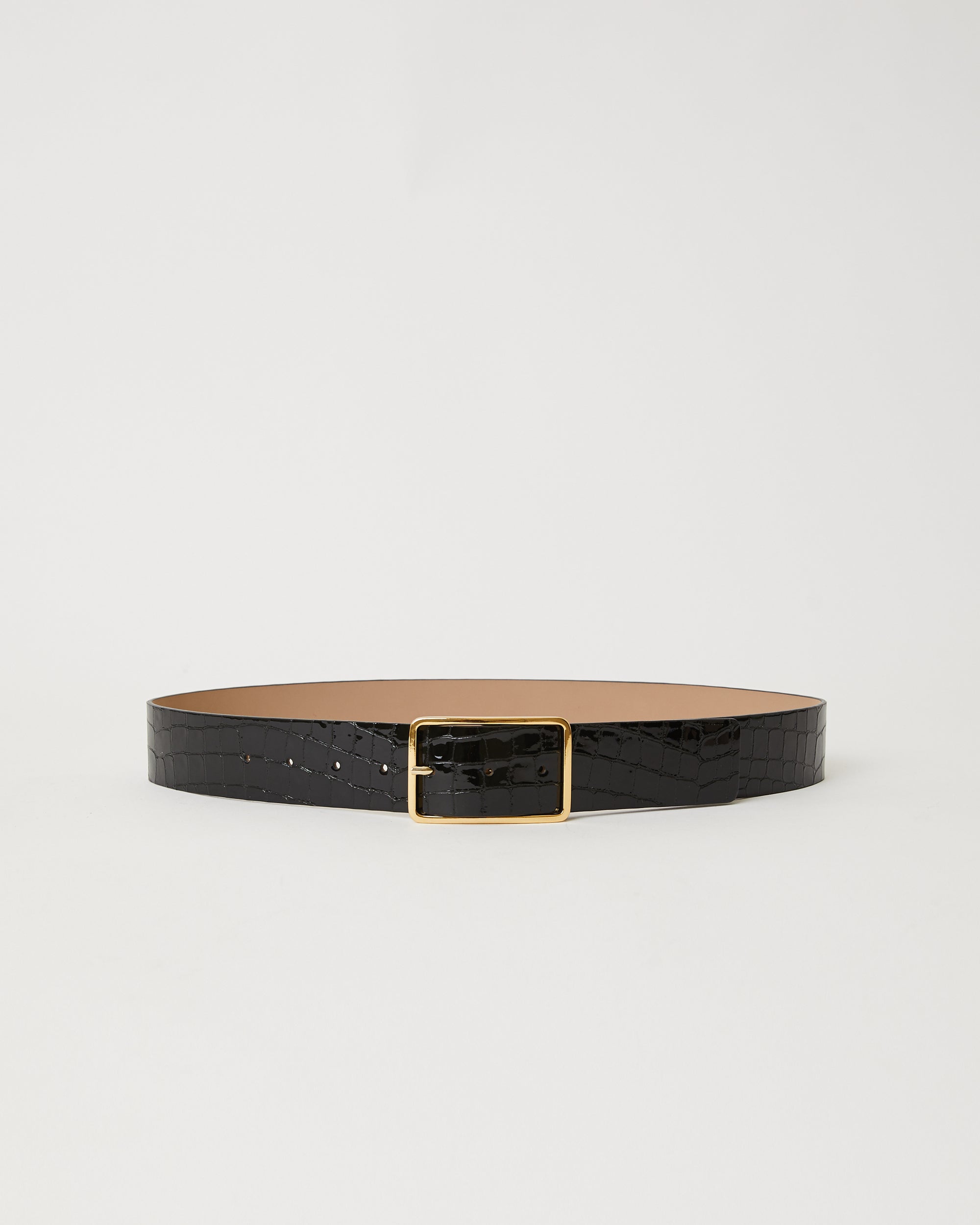 Black shiny leather belt with croc-embossed finish. Fastens with simple gold triangle shaped buckle.
