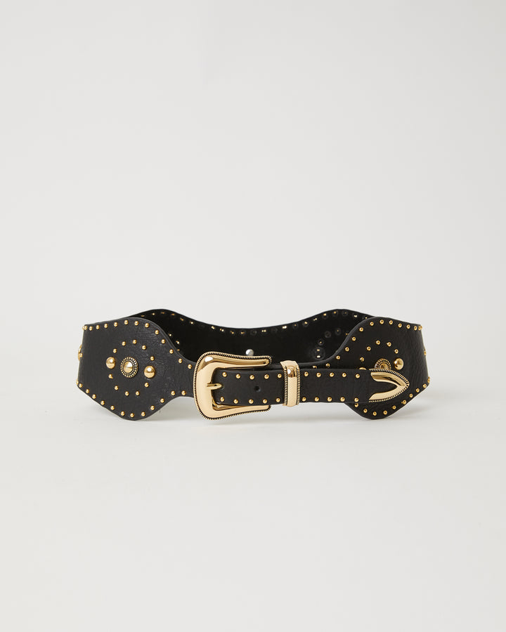 wide black western style belt with gold hardware. Detailed with gold conchos and studding all around the strap.