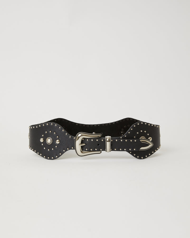 wide black western style belt with silver hardware. Detailed with silver conchos and studding all around the strap. 