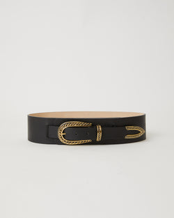 Black colored wide leather belt with a gold twisted buckle, keeper, and end tip accent.