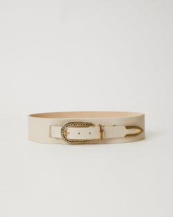 Off white colored wide leather belt with a gold twisted buckle, keeper, and end tip accent. 