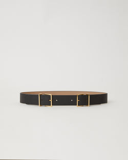 simple black waist belt with gold double buckles and keepers.
