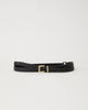 Black leather belt that wraps around the waist twice. Braided section in the front and on the side. Fastens with a gold square-shaped buckle and keeper.