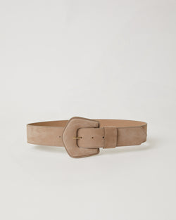 taupe colored suede belt with suede covered buckle and suede keeper.