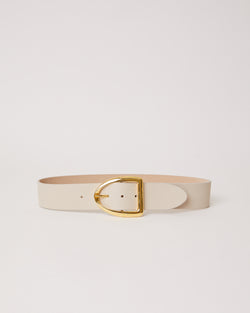 Wide off white waist belt with oversized gold buckle