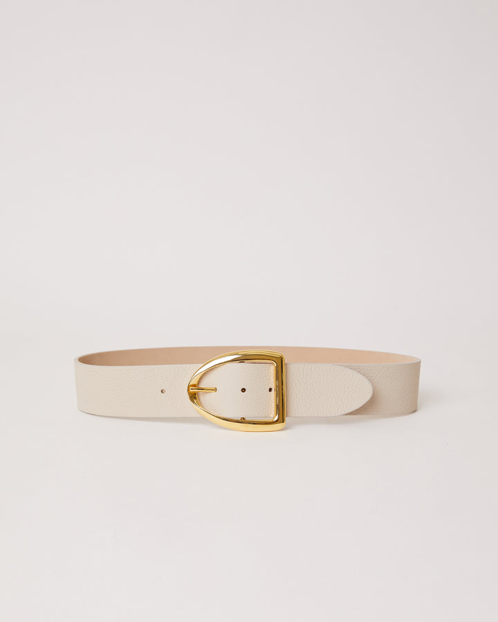 Wide off white waist belt with oversized gold buckle