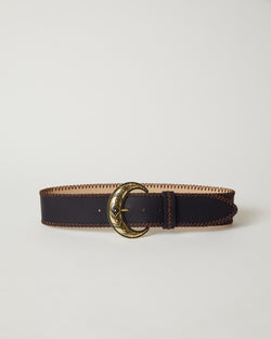 Clover Waist Black leather brass moon-shaped buckle belt