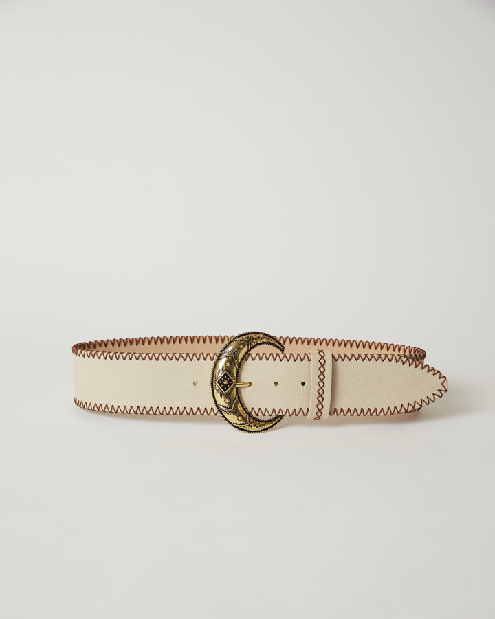 Clover Waist Bone white leather Brass moon-shaped buckle belt