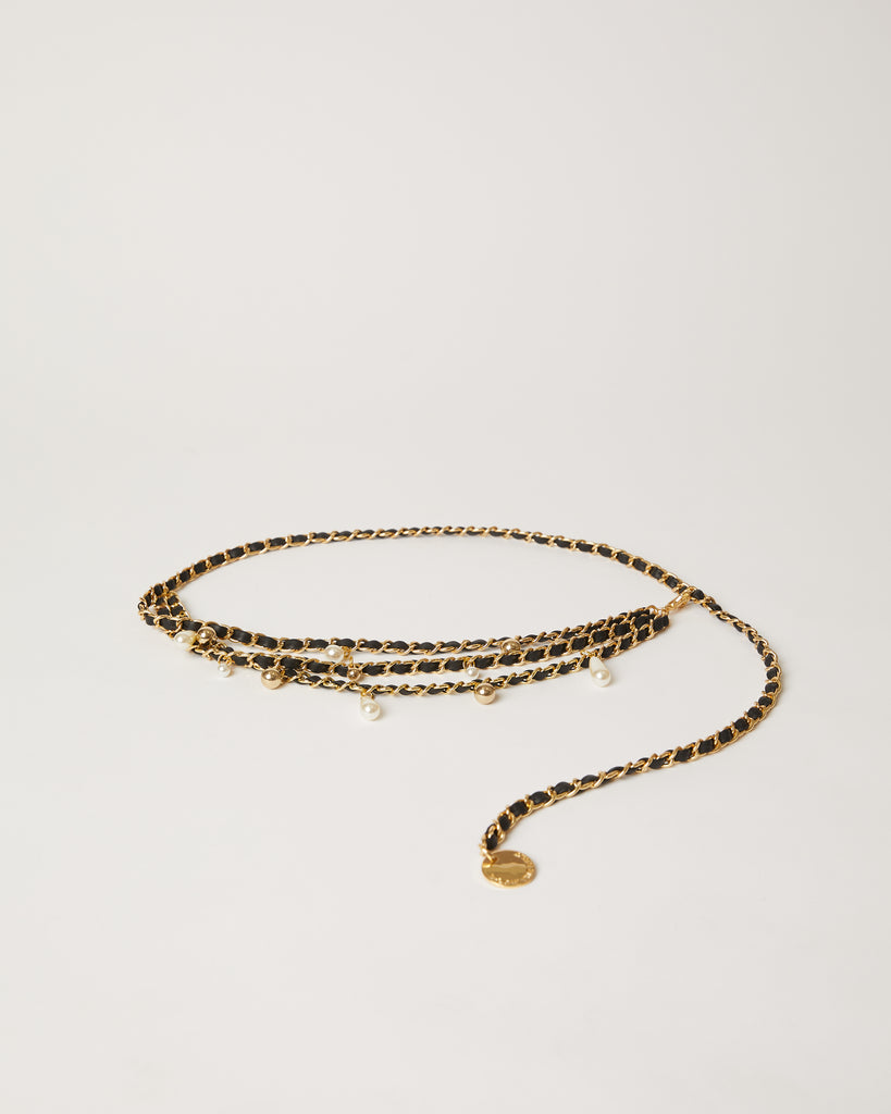 Madelyn Chain Belt gold chain with black leather and gold pearl charms