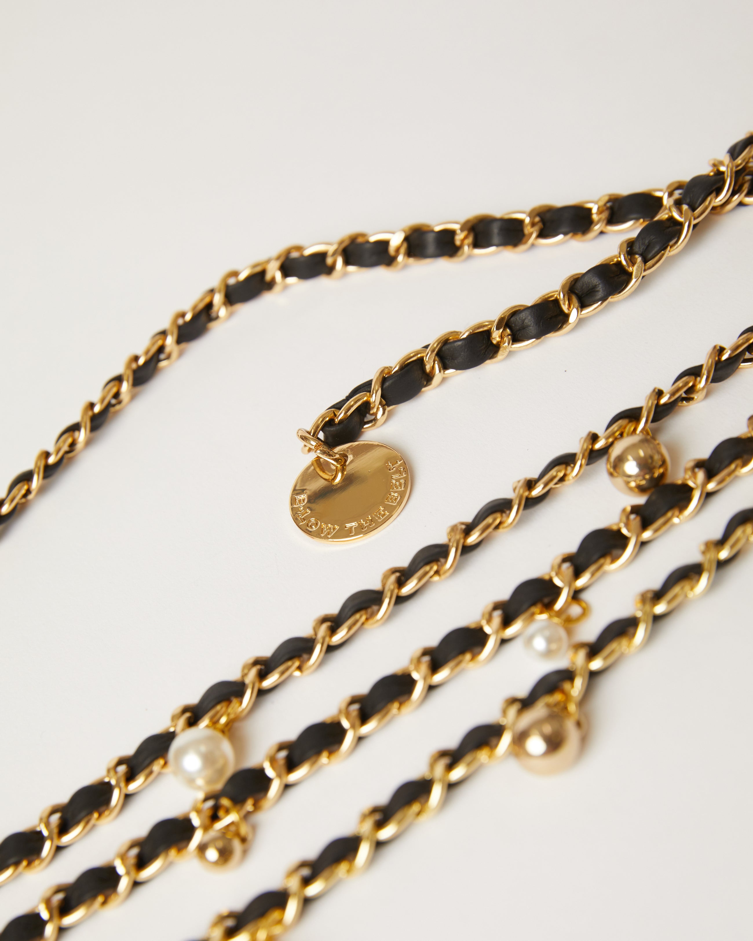 Madelyn Chain Belt gold chain with black leather and gold pearl charms